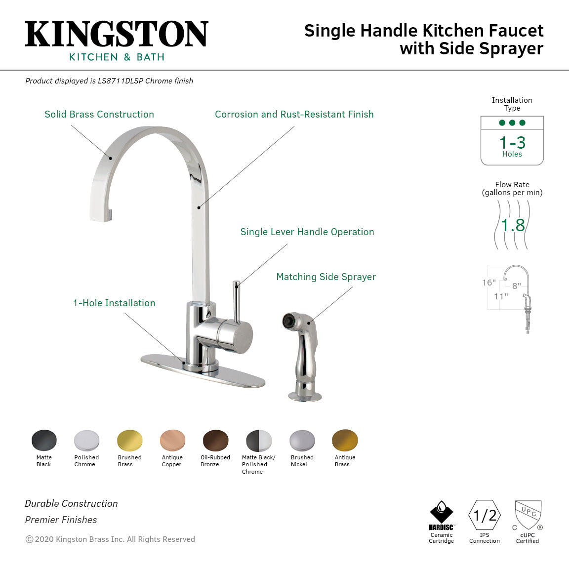 Kingston Sona LS8710DLSP - Concord Single-Handle 2-Hole Deck Mount Kitchen Faucet with Side Sprayer, Matte Black — thumbnail 3